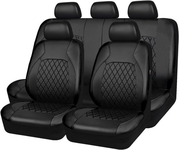 61o1Jw5j7L._AC_SL1200_ Universal Deluxe Pu Luxury Vinyl Faux Leather Car Seat Covers Full Set, Airbag Compatible, Breathable, Fit for Cars, Trucks, SUV (All Black)