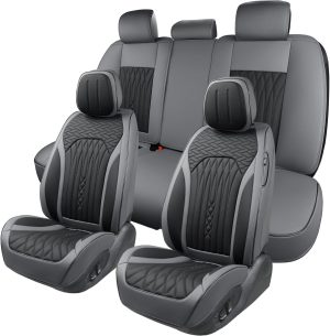 71jq41v4tIL._AC_SL1500_ Full Set Faux Leather Car Seat Covers, Non-Slip, Gray-Black, 5 Seater